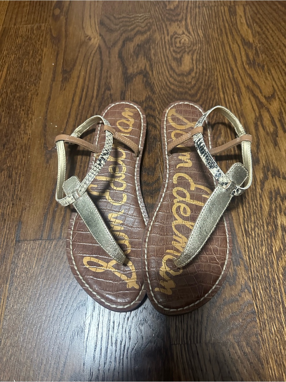 Sam Edelman Metallic Gold and Brown T-Strap Sandals